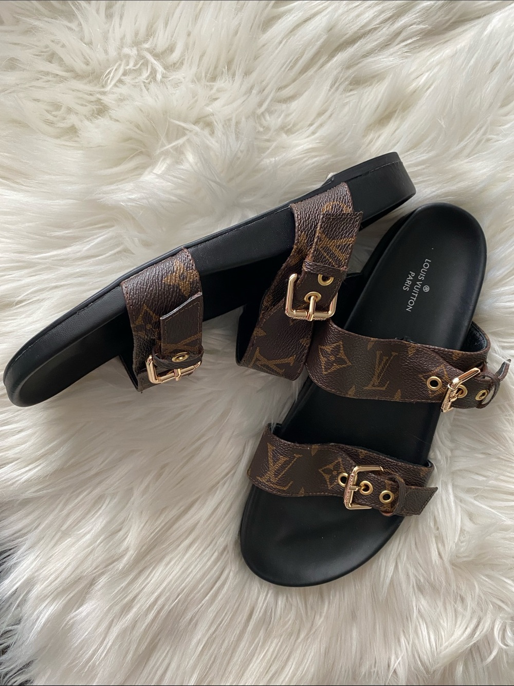 Louis Vuitton Monogram Double Buckle Slides - Brown & Black with Gold Hardware - Picture 2 of 10